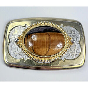 Vintage Western Belt Buckle Gold Silver Tone Tiger's Eye Oval Cowboy Accessory